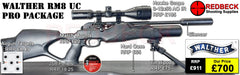 Walther RM8 UC Ultra Compact Pro Package Deal includes Walther RM8 Ultra Compact air rifle, hawke 3-12x50 ao ir scopes, match mounts, weaver bipod, silencer hardcase, pellets and targets.