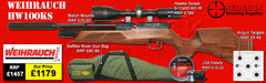 Weihrauch HW100KS Combo deal. The HW100KS Carbine Sporter Walnut Stock airrifle bag package deal comes with Hawke Scope, mounts, bag, pellets and targets.