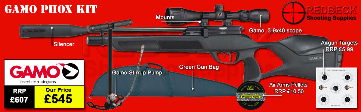 GAMO PHOX AIR RIFLE PACKAGE DEAL INCLUDES AIRGUN, MODERATOR, SCOPE, MOUNTS AND PUMP PLUS A GUN BAG AND TIN OF PELLETS