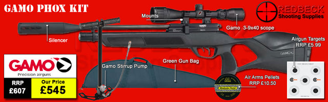 GAMO PHOX AIR RIFLE PACKAGE DEAL INCLUDES AIRGUN, MODERATOR, SCOPE, MOUNTS AND PUMP PLUS A GUN BAG AND TIN OF PELLETS