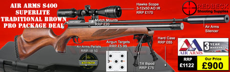 The Air Arms S400 Superlite Traditional Brown professional package deal is super light. The deal includes Air Arms Silencer, Hawke 3-12x50 AO IR Scope, Match Mounts, Hardcase, Bipod and Stud, Pellets and Targets.