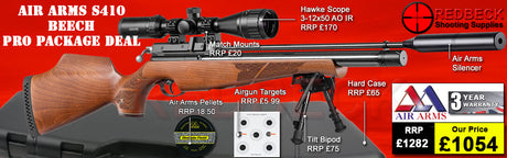 The Air Arms S410 Beech professional package deals includes the S400 beech rifle, Air Arms Silencer, Hawke 3-12x50 AO IR Scope, Match Mounts, Hardcase, Bipod and Stud, Pellets and Targets.