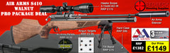 The Air Arms S410 Walnut professional package deals includes the S400 walnut rifle, Air Arms Silencer, Hawke 3-12x50 AO IR Scope, Match Mounts, Hardcase, Bipod and Stud, Pellets and Targets.