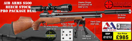 The Air Arms S500 with beech stock Professional air rifle package deal. The package deal comes with an Air Arms Silencer, Hawke 3-12x50 AO IR Scope, Match Mounts, Hard Case, Bipod Adapter and Tilt Bipod.