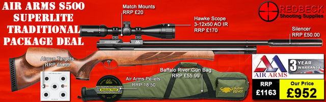 The Air Arms S500 Superlite Traditional Brown Bag package deal includes s500 superlite in traditional brown, hawke 2-12x50 ao ir scope, match mounts, air arms silencer, airgun bag, pellets and targets.