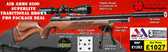 The Air Arms S500 Superlite Traditional Brown Professional air rifle package deal. The package deal comes with an Air Arms Silencer, Hawke 3-12x50 AO IR Scope, Match Mounts, Hard Case, Bipod Adapter and Tilt Bipod.