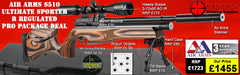 Air Arms s510 R ultimate sporter regulated with laminate stock. This Air Rifle package deal includes Hawke scope 3-12x50AO IR, match mounts airgun hardcase, bipod targets and pellets.