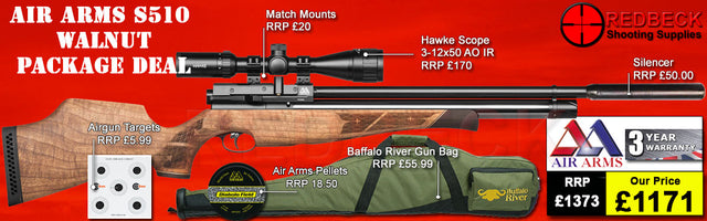 AIR ARMS S510 WALNUT STOCK PACKAGE DEAL INCLUDES HAWKE 3-12X50 SCOPE, SILENCER, BAG , PELLETS, TARGETS AND MOUNT.