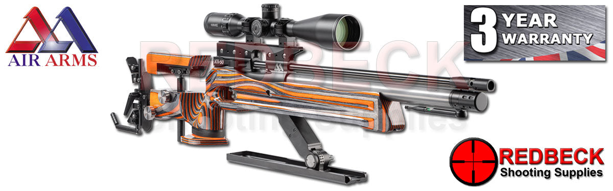 The Air Arms XTi-50 Field Target air rifle with Orange Laminate Stock Angled View.