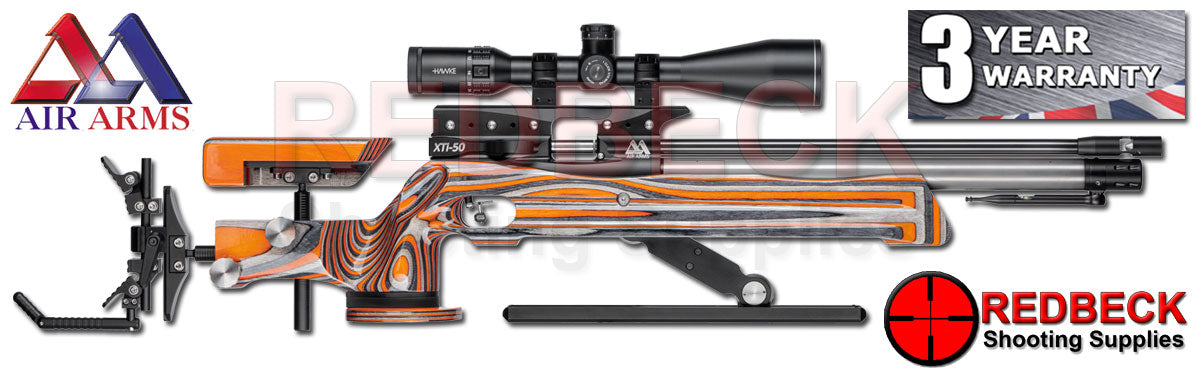 The Air Arms XTi-50 Field Target air rifle with Orange Laminate Stock Right Hand View.