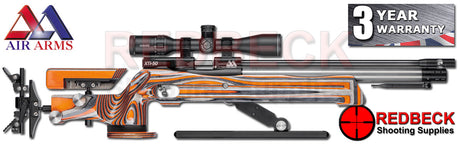 The Air Arms XTi-50 HFT Hunter Field Target air rifle is a purpose-designed, ultra-high specification, Hunter Field Target competition airgun. Shown here in an right hand view with orange laminate stock.