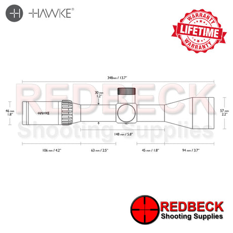 Hawke Airmax FFP First Focal Plane 4-16x50 SF AMX IR Reticle

The FFP AMX IR reticle was developed specifically for first focal plane optical systems and based around the common principles of mil spaced reticles.

The FFP AMX IR offers multiple aim points, useful when shooting at longer distances. Half Mil Dot spacing on the lower post provides increased aim points for long shots. The horizontal bars are positioned at 0.5, 1.5, 2.5, 3.5 and 4.5 Mil spacing. Hollow posts are segmented into Mil spacing and ca