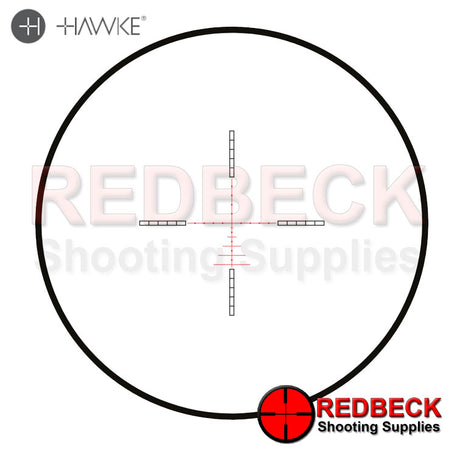 Hawke Airmax FFP First Focal Plane 4-16x50 SF AMX IR Reticle

The FFP AMX IR reticle was developed specifically for first focal plane optical systems and based around the common principles of mil spaced reticles.

The FFP AMX IR offers multiple aim points, useful when shooting at longer distances. Half Mil Dot spacing on the lower post provides increased aim points for long shots. The horizontal bars are positioned at 0.5, 1.5, 2.5, 3.5 and 4.5 Mil spacing. Hollow posts are segmented into Mil spacing and ca