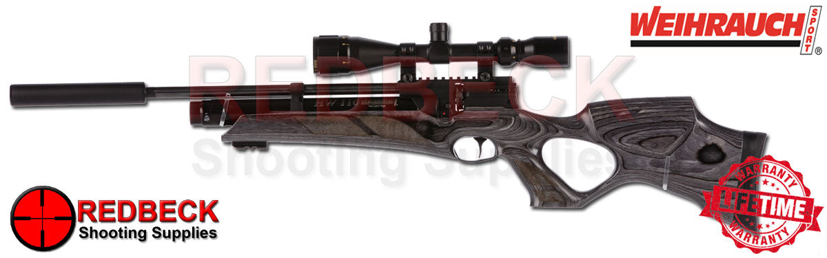 HW110 Laminate stock Weihrauch full length grey laminate thumbhole. Shown from left side angle fitted with silencer and scope in the picture.